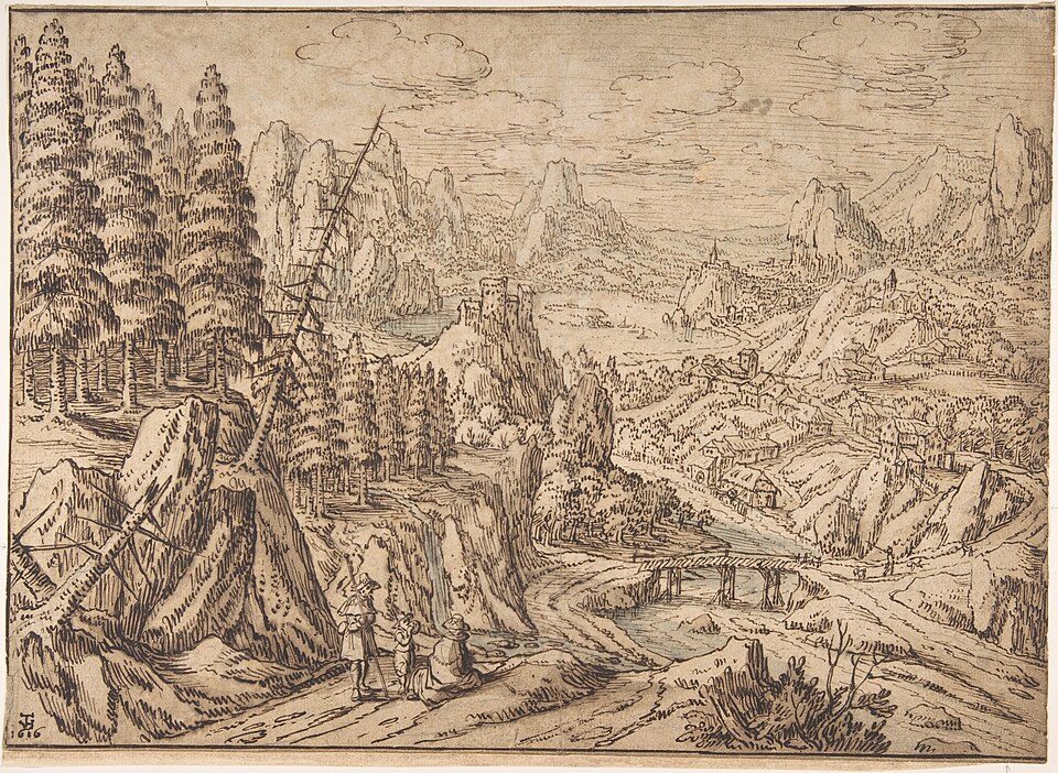 Mountainous Landscape with Travelers on a Road MET DP801545