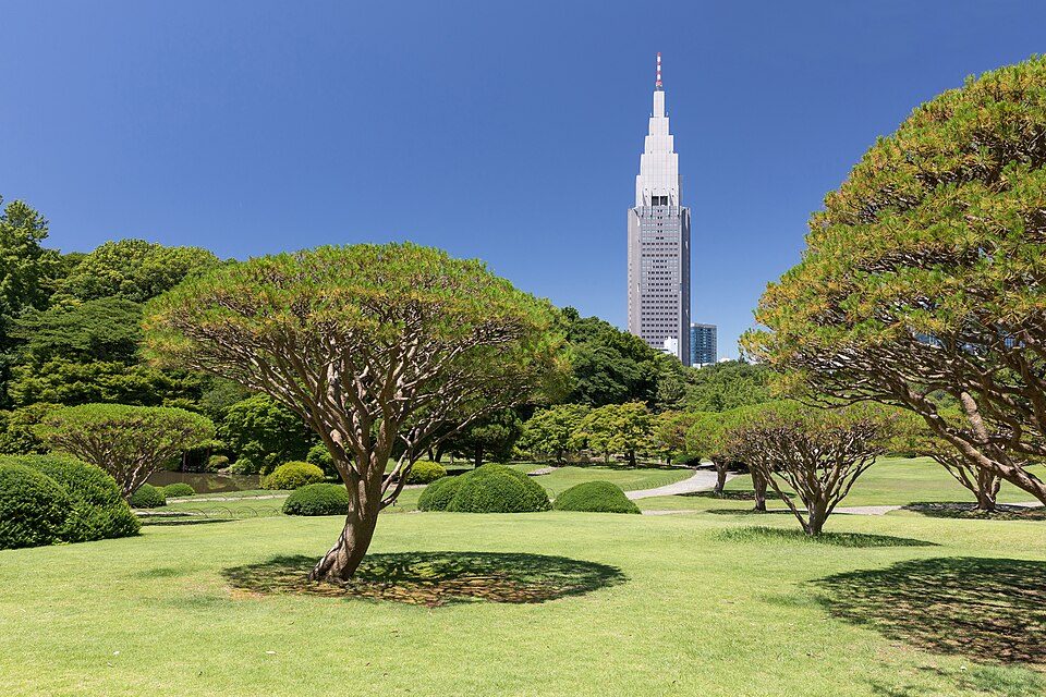 Shinjuku Gyoen National Garden and NTT DoCoMo Yoyogi Building, Tokyo, Japan